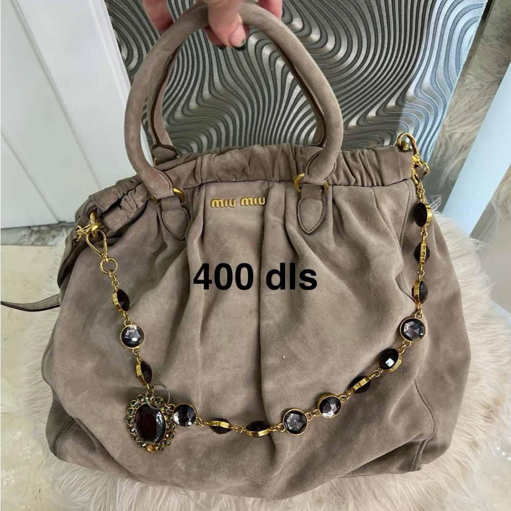 Miu Miu Beige Suede Shoulder Bag with Gold Accents